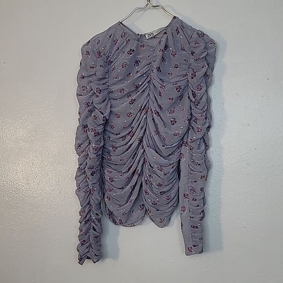 Zara Lilac LavenderFloral Sheer Ruched Long Sleeved Top - Picture 7 of 9